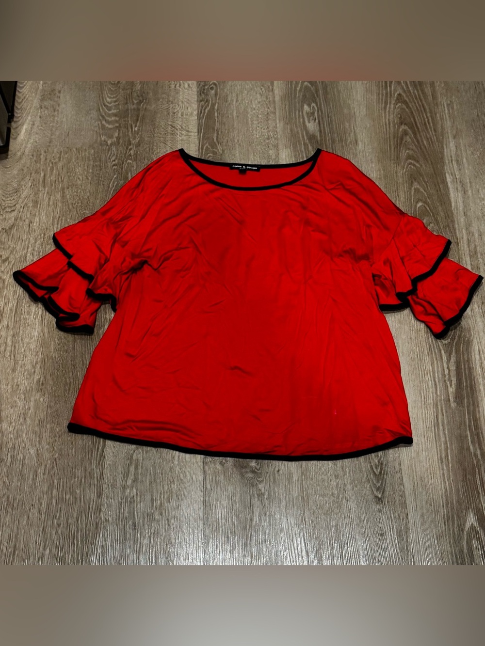Cable & Gauge Red Ruffle Sleeve Scoop Neck Top with Black Trim